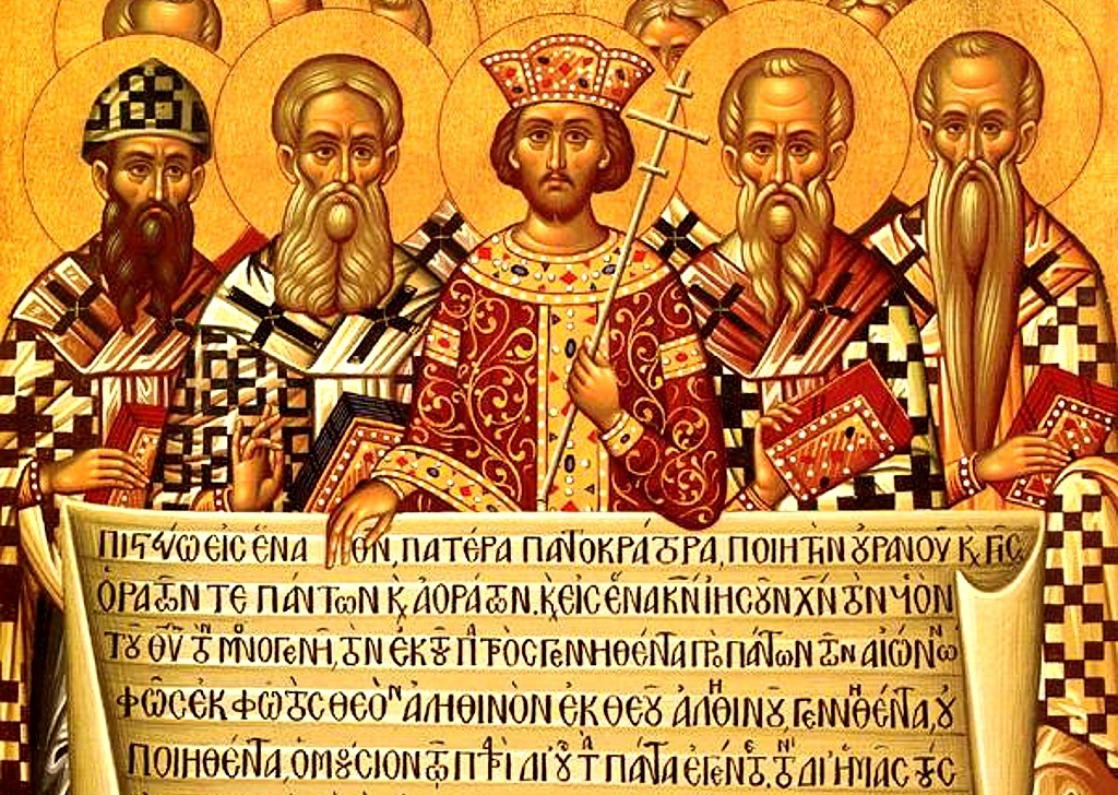 Konzil von Nizäa (325): Kaiser Konstantin entrollt des Text des Großen Glaubensbekenntnisses. Heute hört das antike Nizäa auf den Namen Iznik und liegt in der türkischen Provinz Bursa.