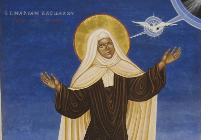 Mirjam von Abellin (gebürtig Mirjam Baouardy) – die palästinensische Heilige wurde von Papst Johannes Paul II. zur Patronin des Friedens für das Heilige Land erklärt. Die Ikone  ist eines der Werke von Anton Aoun aus Bethlehem.
