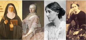 Ordensfrau Hildegard von Bingen, Herrscherin Maria Theresia, Schriftstellerin und Verlegerin Virginia Woolf und Pianistin und Komponistin Clara Schumann (v. l.).