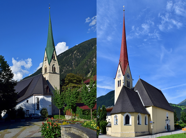 Die Pfarrkirche Uderns „Zum Hl. Briccius“ steht in der Gemeinde Uderns und gehört zur Diözese Innsbruck (l.). Die Pfarrkirche „Unserer Lieben Frau“ steht in einem Friedhof im Norden der Gemeinde Mayrhofen. Sie gehört zum Dekanat Zell am Ziller und da