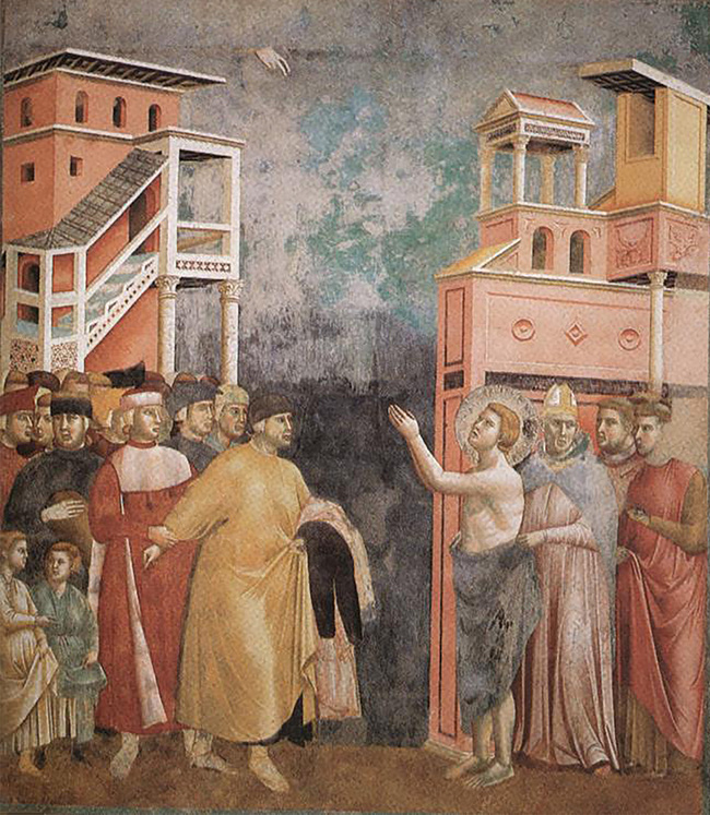 Giotto di Bondone: „Legende des Heiligen Franziskus“. Freskenzyklus aus der Oberkirche der Basilika San Francesco in Assisi (entstanden 1290–1300). Das Bild zeigt Franziskus Verzicht auf weltliche Güter.