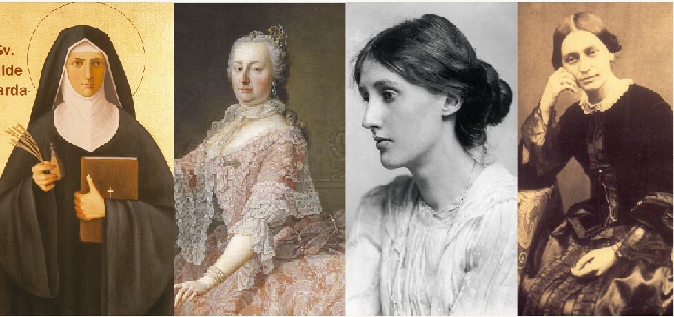 Ordensfrau Hildegard von Bingen, Herrscherin Maria Theresia, Schriftstellerin und Verlegerin Virginia Woolf und Pianistin und Komponistin Clara Schumann (v. l.).