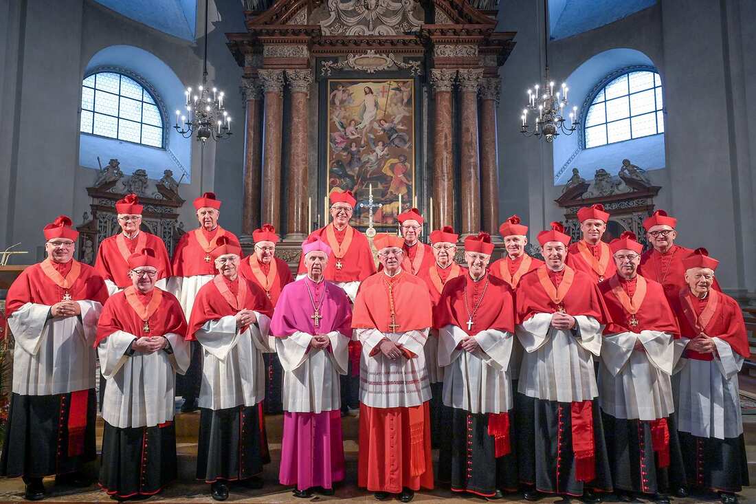 Das aktuelle Domkapitel (mit Emeriti), in der Mitte Erzbischof Franz Lackner und Weihbischof Hansjörg Hofer. Nicht im Bild: Tobias Giglmayr.