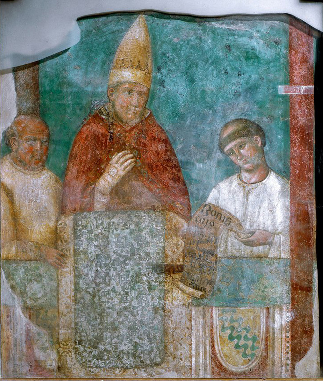 1300 rief Papst Bonifatius VIII. (im Bild auf einem Fresko im Lateran) das erste Heilige  Jahr aus. Allen Pilgern, die in diesem Jahr nach Rom kamen, versprach er einen Ablass. 