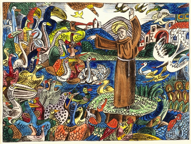 Franz von Zülow,  Die Vogelpredigt, 1922, Lithografie, handkoloriert. 