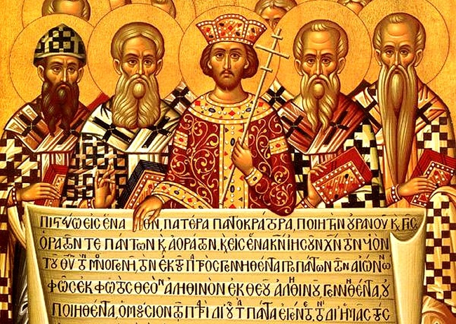 Konzil von Nizäa (325): Kaiser Konstantin entrollt des Text des Großen Glaubensbekenntnisses. Heute hört das antike Nizäa auf den Namen Iznik und liegt in der türkischen Provinz Bursa.