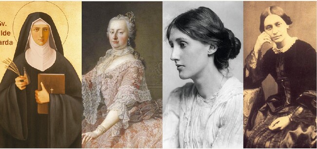 Ordensfrau Hildegard von Bingen, Herrscherin Maria Theresia, Schriftstellerin und Verlegerin Virginia Woolf und Pianistin und Komponistin Clara Schumann (v. l.).