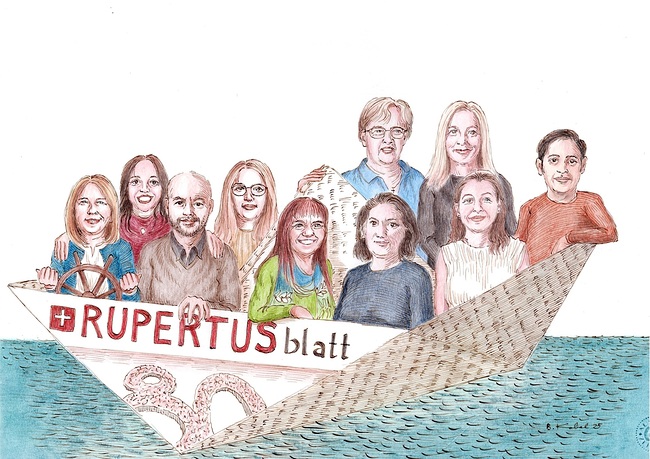 Gemeinsam in einem Boot – die motivierte Besatzung des „Rupertusblatt“-Schiffes, betrachtet mit den Augen unseres Cartoonisten Benedikt Kobel. 